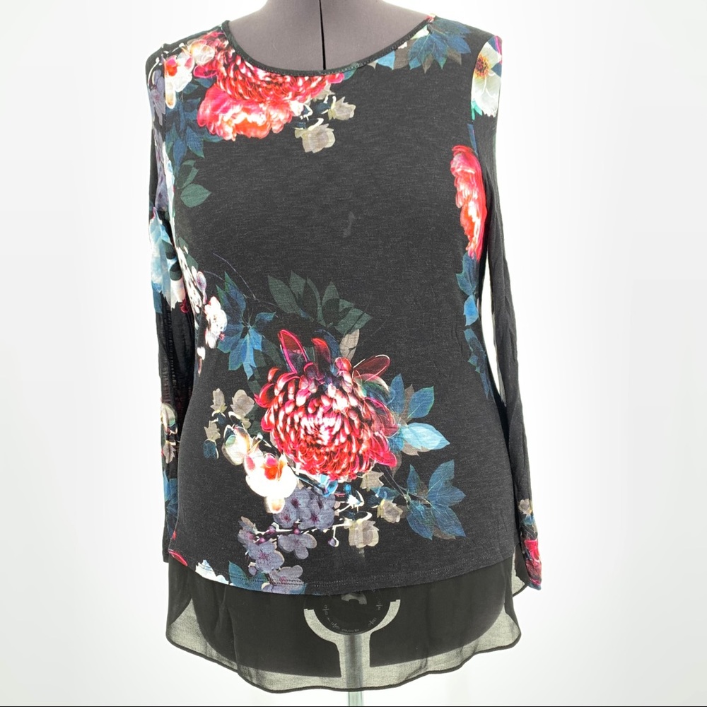 Roman Floral Burnout Long Sleeve Pullover Blouse